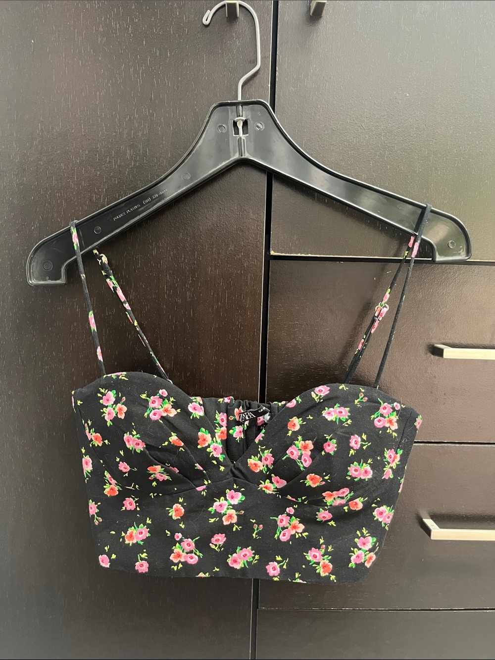 Zara Black Cropped Bustier Top with Pink Floral Print